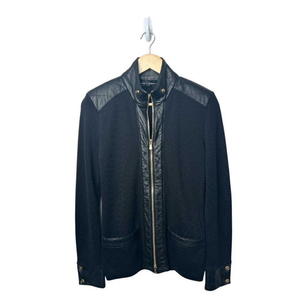 Dana Buchman Womens 100% Merino Wool & Leather Trim Black Sweater/Shacket Sz M